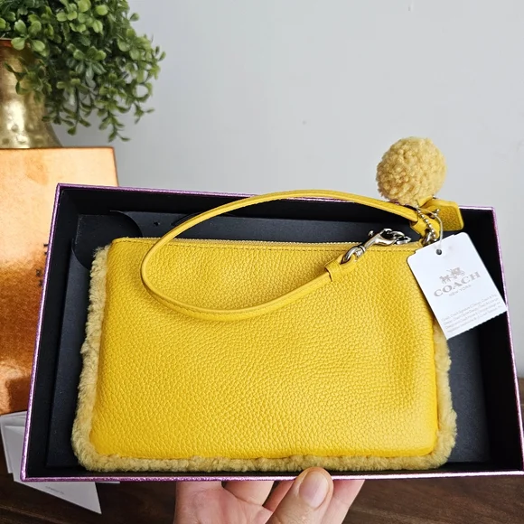 Vintage NWT Coach Shearling Small Wristlet in Banana Yellow With Pom Pom - Picture 3 of 16